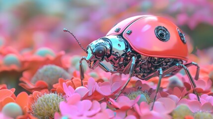 Fototapeta premium Whimsical Mechanical Ladybug on Colorful Flower - Ultra-Detailed Digital Artwork Blending Nature and Technology
