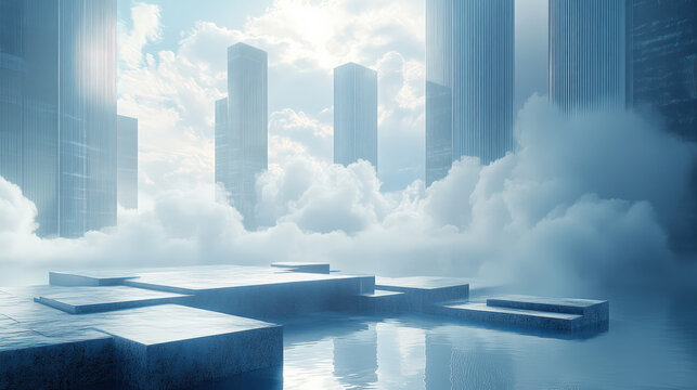 Smoky city square platforms and buildings