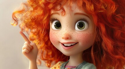 Obraz premium Adorable 3D Render of a Freckled Redhead Girl with Curly Hair, Pointing Upwards a Joyful Expression