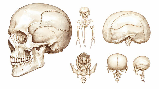 Human skull anatomy anterior view detailed illustration of cranium and mandible. Etherwood. Illustration