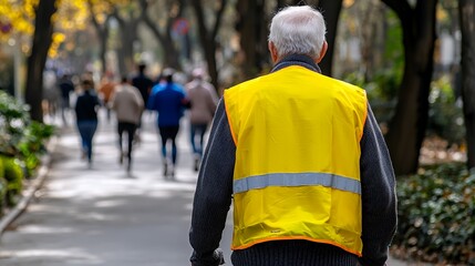 Elderly Man in Yellow Vest Walking in Park During Autumn