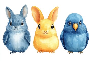 Fototapeta premium Cute illustrations of a blue bunny, yellow rabbit, and blue bird.