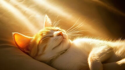 A peaceful sleeping cat bathed in warm sunlight, exuding tranquility and comfort.