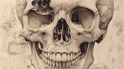 Human skull, detailed anatomical study of a human cranium, showing teeth and facial structure with natural bone texture. Etherwood. Illustration