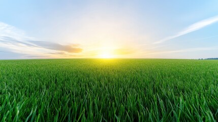 Fototapeta premium Lush green field at sunrise under a clear blue sky.