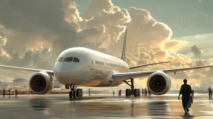 Obraz premium Bright Day at the Airport with Passengers Boarding Airplane