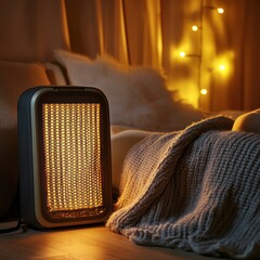 Illuminated Electric Heater Near Cozy Knit Blanket