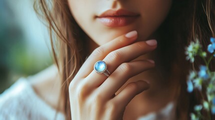 Woman with moonstone ring and soft light, concept of elegance