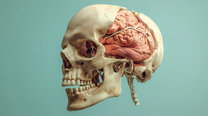 Detailed anatomy of a human skull showing internal structures and features for educational use. Etherwood. Illustration