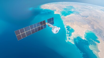 3D render of a satellite capturing images of Earth's forests, emphasizing deforestation and conservation efforts.