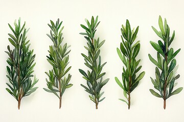 Fototapeta premium A collection of green leaves arranged in a row on a light background.