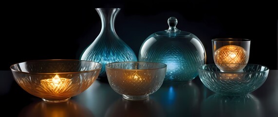 Artfully arranged glass dishes capturing reflections inviting appreciation for craft
