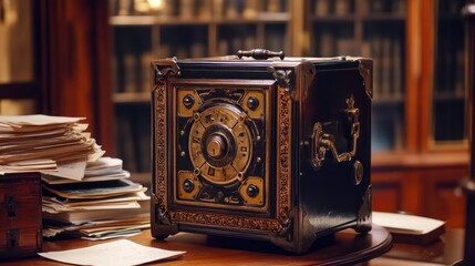 A vintage safe with intricate design, placed on a desk amidst scattered papers.