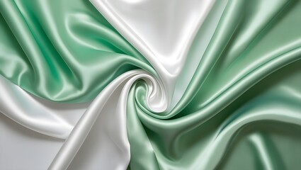 Luxury silk fabric with wrinkles noisy background in white and green shine for web designs, background textures, wedding, fashion themes and concepts.	