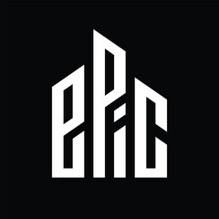 The image shows a flat wordmark logo design of letters EPIC that forms a tall building block shape in white color that looks sharp and bold on a black background