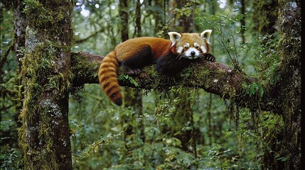 Red panda resting on a mossy tree branch in a lush forest.