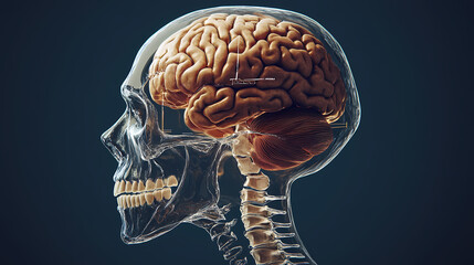 A 3d visual of a human skull, with labeled bones and the brain visible through a transparent cutaway section. Etherwood. Illustration