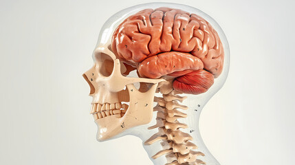 A 3d visual of a human skull, with labeled bones and the brain visible through a transparent cutaway section. Etherwood. Illustration