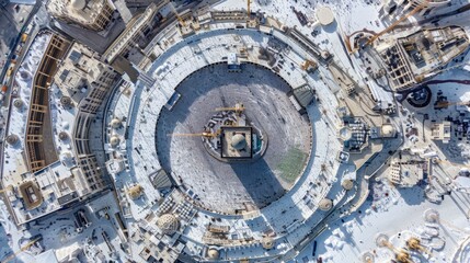 Fototapeta premium Aerial view of a large circular construction site with snowy surroundings.