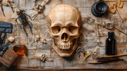 Anatomical study human skull and skeleton model. Etherwood. Illustration