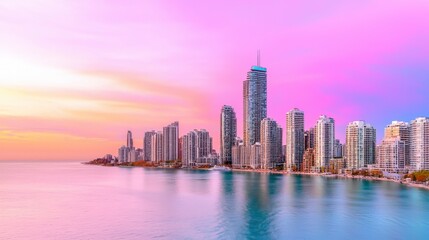 Obraz premium Stunning Sunset Reflection Over Modern Cityscape with High-Rise Buildings by the Lake