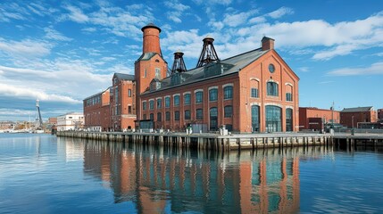 Historic red brick building by the water reflecting the sky.