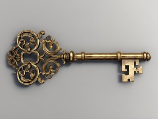 Ornate golden key with intricate design on gray background