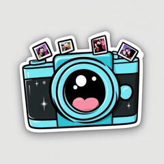 A cartoon-style camera illustration with playful elements and photos.