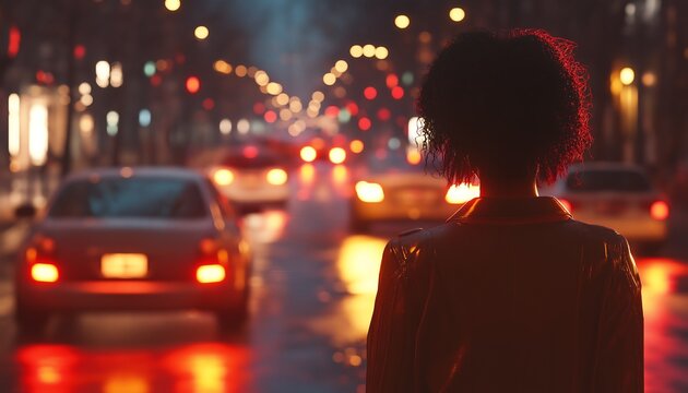 traffic in the city, A Woman Struggling to Parallel Park on a Busy Urban Street, Surrounded by Cars and Pedestrians, with City Buildings in the Background