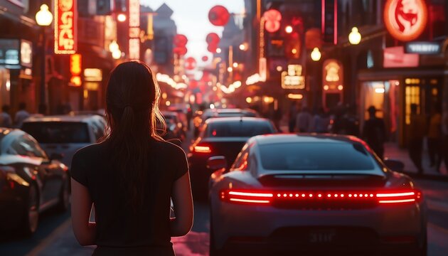 city, A Woman Struggling to Parallel Park on a Busy Urban Street, Surrounded by Cars and Pedestrians, with City Buildings in the Background