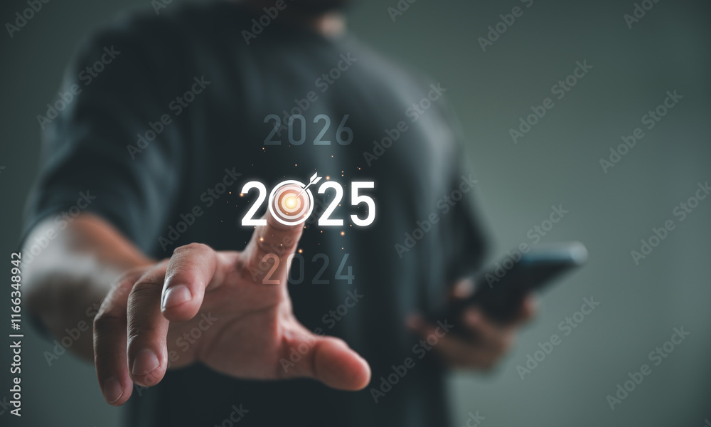 Poster positive indicators in 2025, businessman touching target icon on virtual screen with 2025. startup b