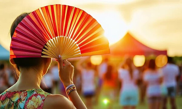 Woman Holding a Colorful Fan During a Warm Sunset Gathering with Joyful Atmosphere and Soft Light Surrounding, Signifying Relaxation and Cultural Heritage with ai generated.