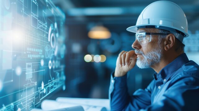 A thoughtful engineer analyzes digital data while wearing a hard hat and glasses, showcasing innovation in technology and design.