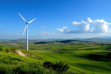 Obraz premium A solitary wind turbine stands gracefully against a vibrant blue sky, surrounded by lush green hills and rolling landscapes, symbolizing renewable energy and environmental sustainability.