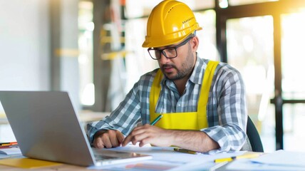 A focused construction worker in a yellow hard hat and safety vest uses a laptop, surrounded by plans and materials in a bright workspace.