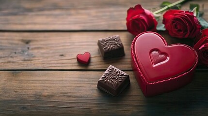 Romantic Valentine's Day gift with red heart-shaped box filled with roses and chocolates on a wooden table, perfect for expressing love and affection, ideal for couples and special occasions.