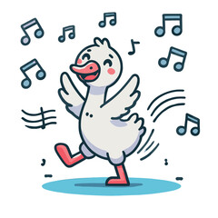 cartoon of a happy goose dancing with music notes