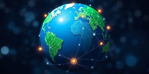 A stock photo showing a globe symbolizing global connectivity in sustainable and ethical business practices, with network connections, governance, network