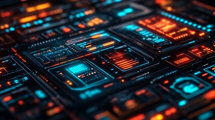 Futuristic digital interface with glowing elements.