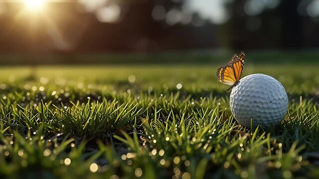 The golf ball is on the grass in the sunlight. Seamless 4K looping timelapse video animation background