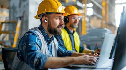 Two construction workers in hard hats focus on their computers at a job site, collaborating on project management and planning.