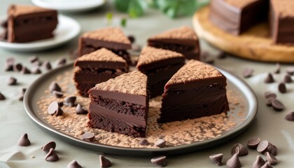 Decadent Chocolate Fudge Cake Slices Topped with Cocoa Powder on a Rustic Plate