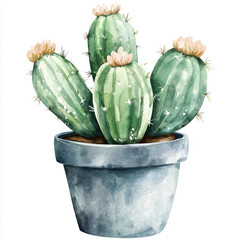 Fototapeta premium A Watercolor style depiction of green cactus in gray pot, showcasing its unique beauty and charm