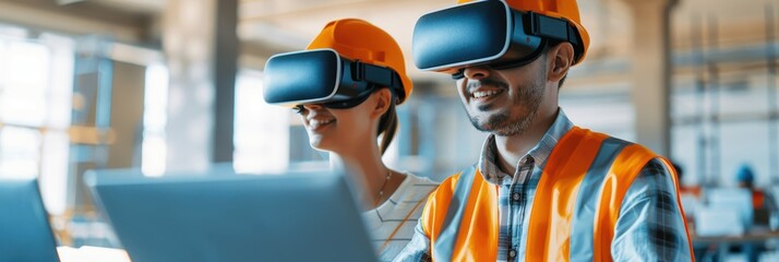 Two construction workers wearing virtual reality headsets smile while using laptops on a job site, highlighting the integration of technology in the construction industry.