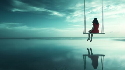 Woman Sitting On A Swing Over Calm Ocean Water