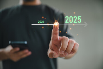 2025 growth business, Businessman analyzing economic trend data for long-term investment in 2025. Set up objective target business cost and budget planning for new year concept