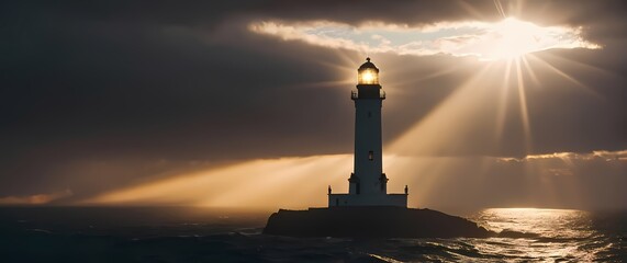 Fototapeta premium A towering lighthouse illuminated by the sun setting on the horizon with god rays piercing through the clouds. Extremely detailed high resolution illustration.