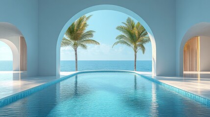 Fototapeta premium Through the central arch, the calm pool and palm trees lead to the vast blue ocean. The minimalist backdrop consists of a white floor and soft lighting, shot from a low angle.