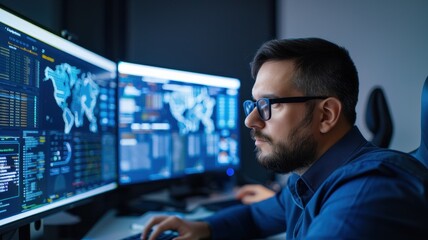 Fototapeta premium A focused individual analyzes data on multiple monitors in a dark room, showcasing advanced technology and digital analytics.