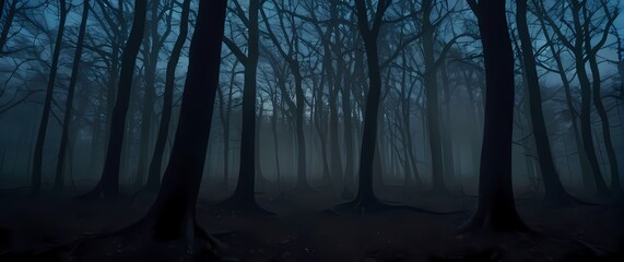 A spooky forest scene at twilight with twisted trees casting long shadows and an ominous fog creeping in. Extremely detailed high resolution illustration.